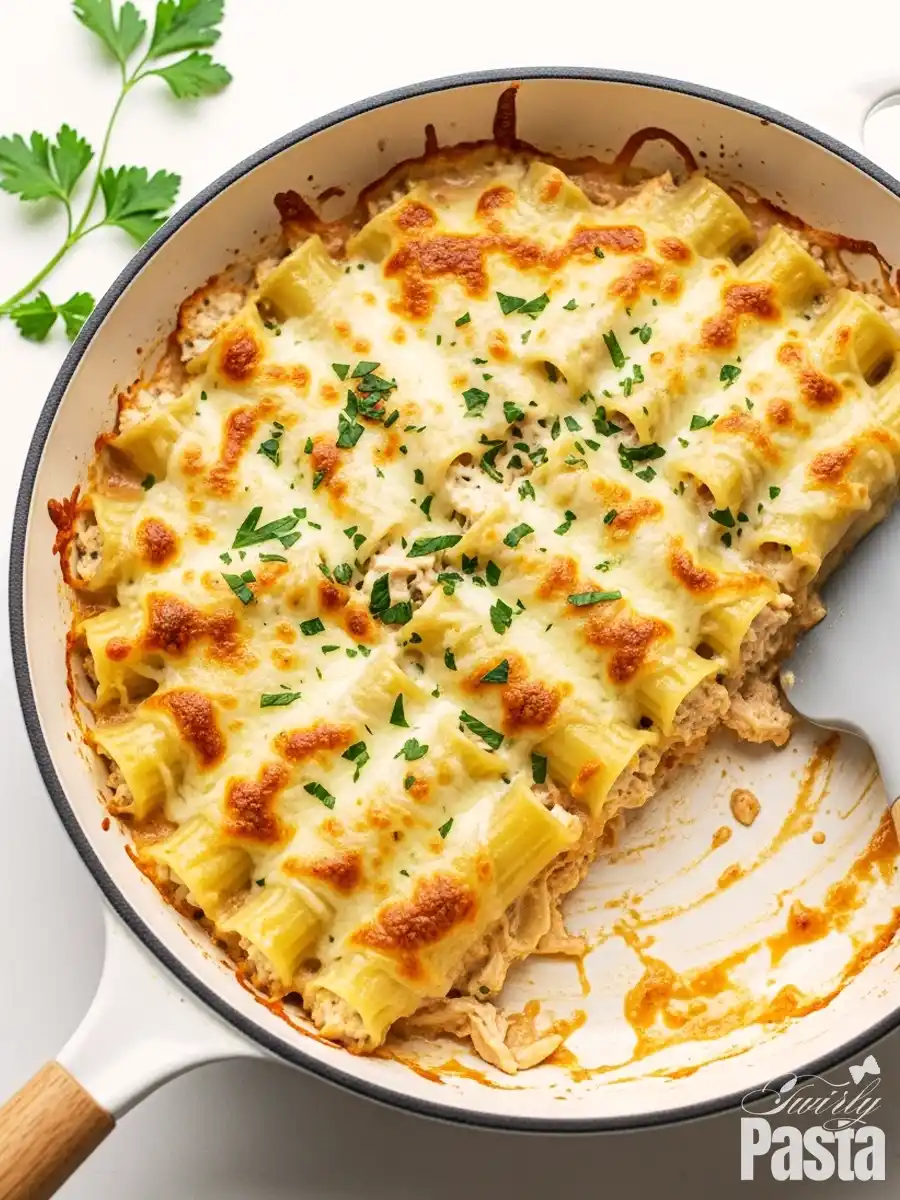 A white skillet with baked chicken manicotti, featuring pasta tubes stuffed with a creamy chicken and ricotta filling, covered in a golden-brown bubbly layer of melted mozzarella cheese.