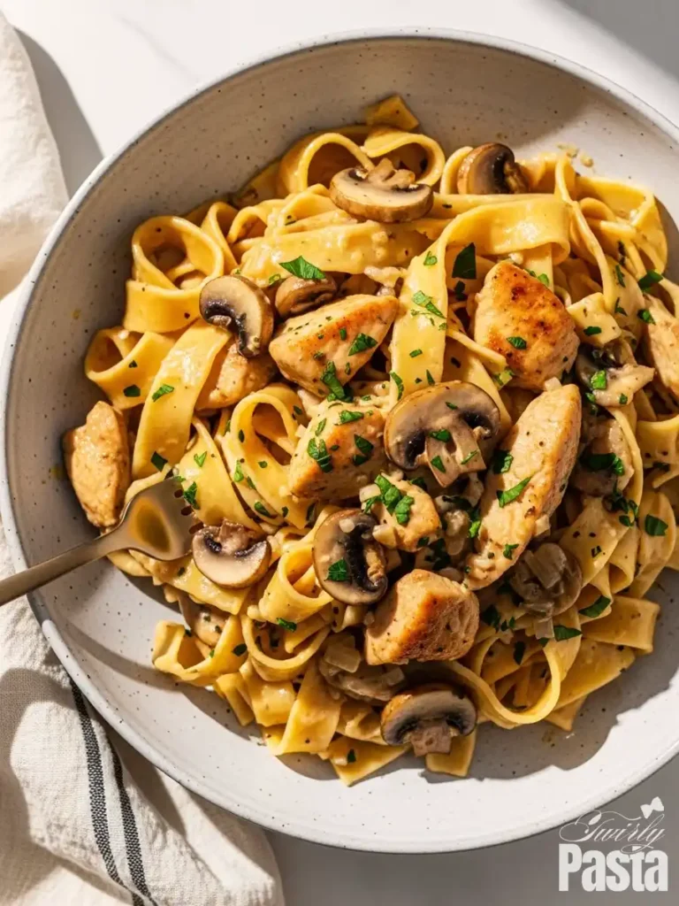 A white bowl of creamy Chicken Marsala pasta, featuring fettuccine noodles tossed with sautéed chicken and cremini mushrooms in a rich and savory Marsala sauce.