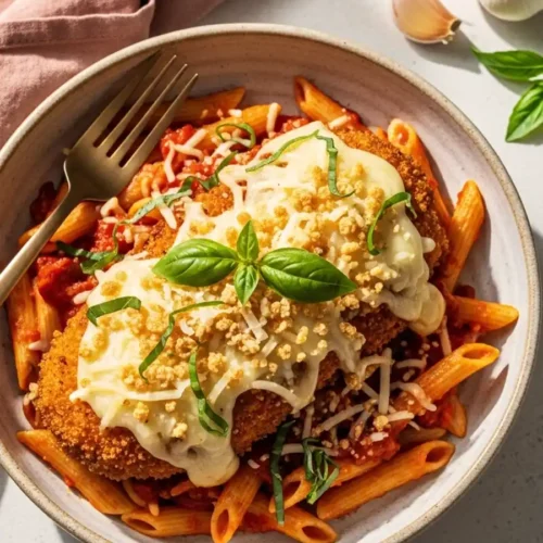 A bowl of Chicken Parmesan pasta, featuring penne tossed in a rich marinara sauce, topped with a crispy breaded chicken cutlet, melted mozzarella cheese, and fresh basil.