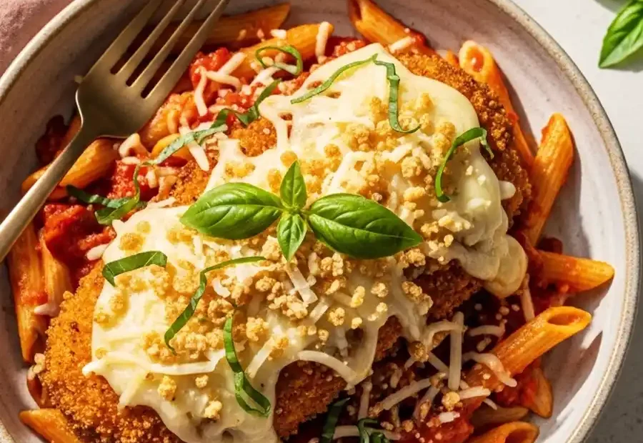A bowl of Chicken Parmesan pasta, featuring penne tossed in a rich marinara sauce, topped with a crispy breaded chicken cutlet, melted mozzarella cheese, and fresh basil.