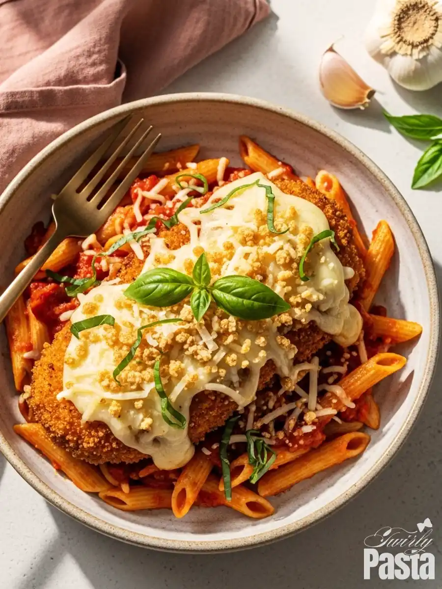 A bowl of Chicken Parmesan pasta, featuring penne tossed in a rich marinara sauce, topped with a crispy breaded chicken cutlet, melted mozzarella cheese, and fresh basil.