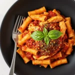 A black bowl of classic chicken pasta marinara, featuring rigatoni tossed in a rich, rustic tomato sauce, served over a seared chicken breast, and finished with fresh basil, dried oregano, and red pepper flakes.
