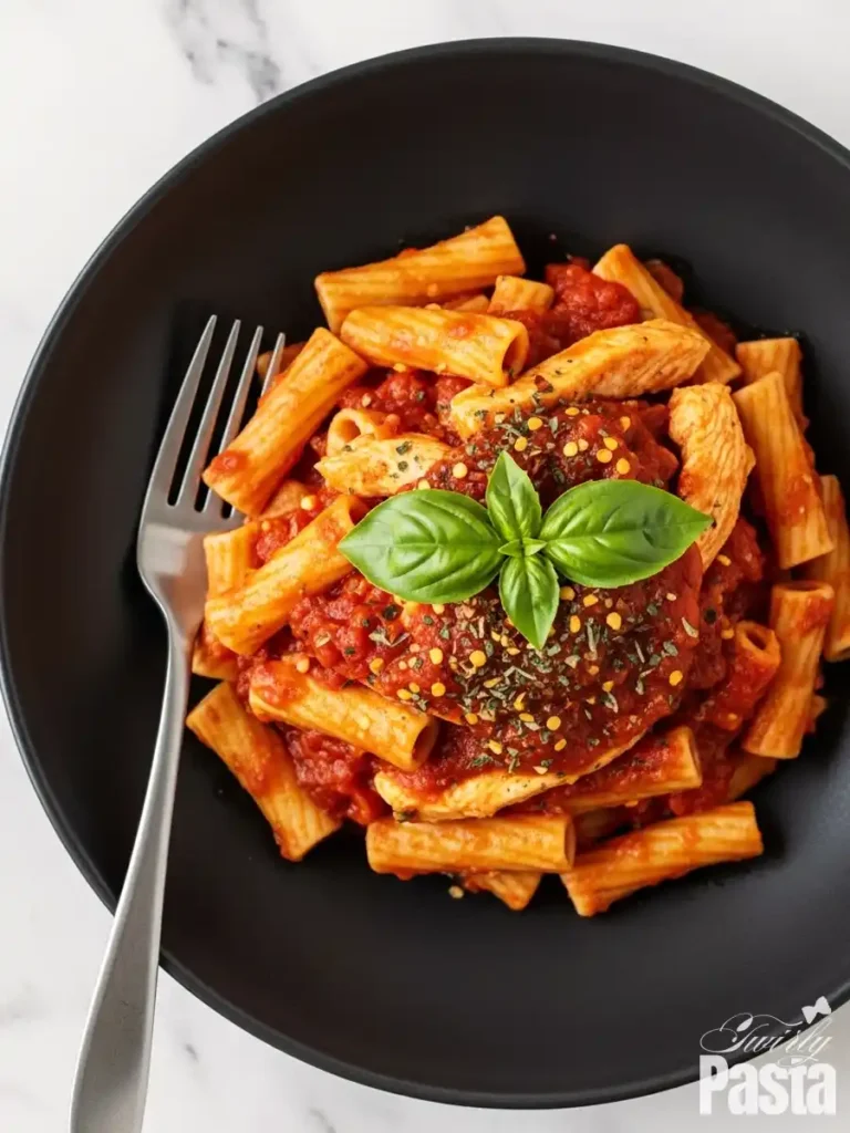 A black bowl of classic chicken pasta marinara, featuring rigatoni tossed in a rich, rustic tomato sauce, served over a seared chicken breast, and finished with fresh basil, dried oregano, and red pepper flakes.