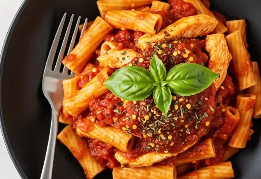 A black bowl of classic chicken pasta marinara, featuring rigatoni tossed in a rich, rustic tomato sauce, served over a seared chicken breast, and finished with fresh basil, dried oregano, and red pepper flakes.