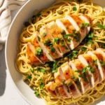 An overhead shot of a white bowl of chicken piccata pasta, featuring spaghetti tossed in a bright lemon butter sauce with capers, topped with sliced pan-seared chicken and fresh parsley.
