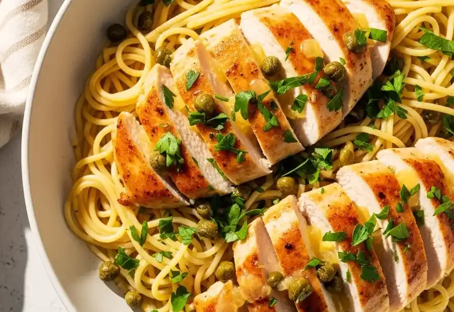 An overhead shot of a white bowl of chicken piccata pasta, featuring spaghetti tossed in a bright lemon butter sauce with capers, topped with sliced pan-seared chicken and fresh parsley.