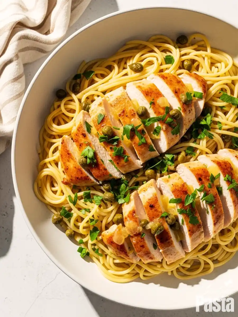 An overhead shot of a white bowl of chicken piccata pasta, featuring spaghetti tossed in a bright lemon butter sauce with capers, topped with sliced pan-seared chicken and fresh parsley.