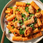 An overhead view of a bowl of creamy chicken rigatoni, featuring pasta and seared chicken tossed in a rich tomato cream sauce with sweet green peas, and topped with grated Parmesan and parsley.
