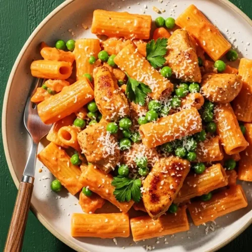 An overhead view of a bowl of creamy chicken rigatoni, featuring pasta and seared chicken tossed in a rich tomato cream sauce with sweet green peas, and topped with grated Parmesan and parsley.