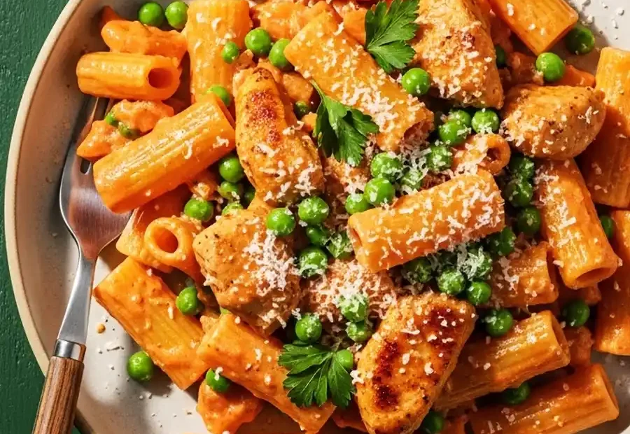 An overhead view of a bowl of creamy chicken rigatoni, featuring pasta and seared chicken tossed in a rich tomato cream sauce with sweet green peas, and topped with grated Parmesan and parsley.