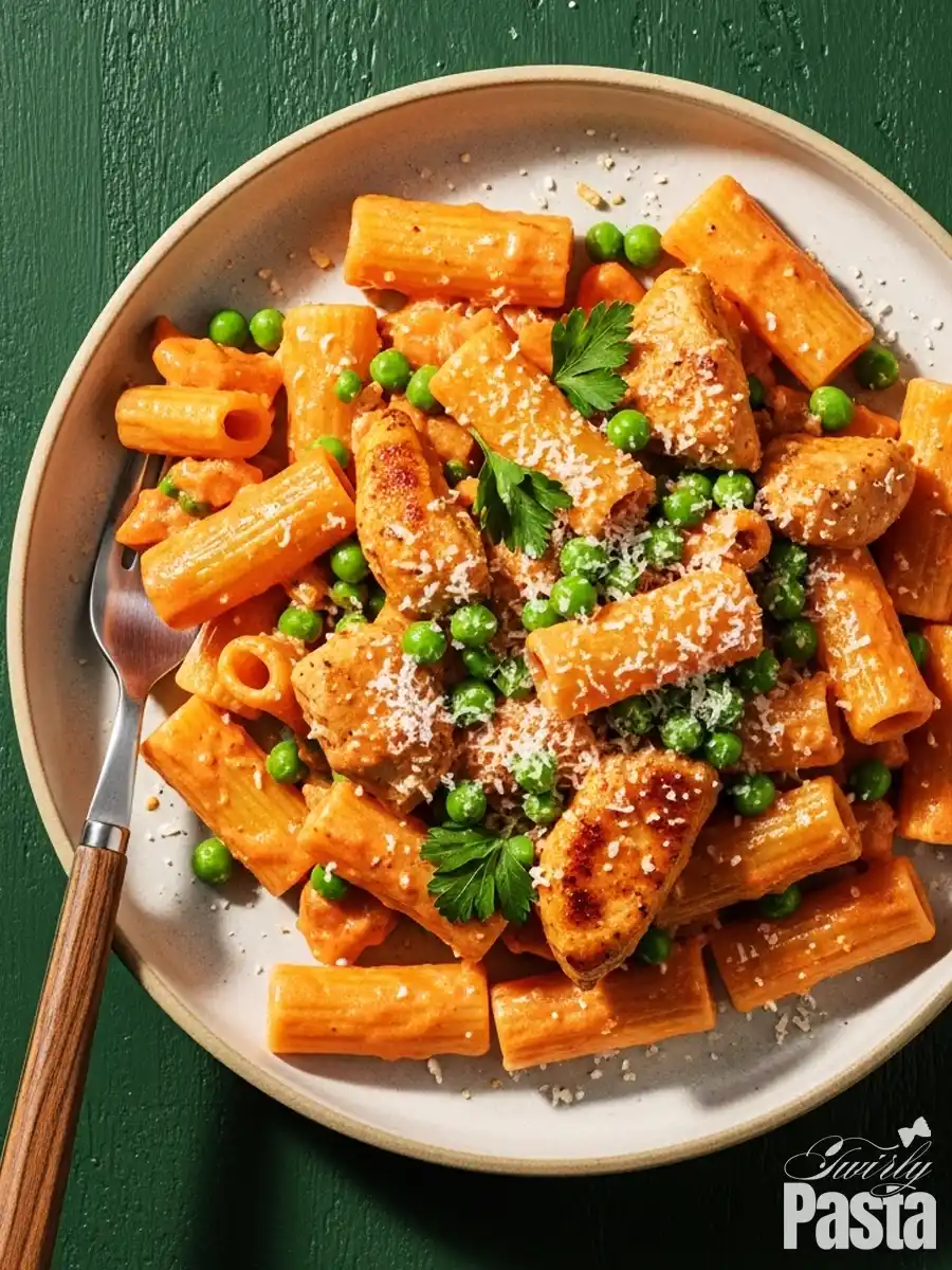 An overhead view of a bowl of creamy chicken rigatoni, featuring pasta and seared chicken tossed in a rich tomato cream sauce with sweet green peas, and topped with grated Parmesan and parsley.