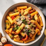 An overhead shot of a bowl of authentic Utica-style Chicken Riggies, featuring rigatoni pasta tossed with tender chicken, bell peppers, mushrooms, and black olives in a spicy pink tomato-cream sauce, finished with shaved Parmesan.