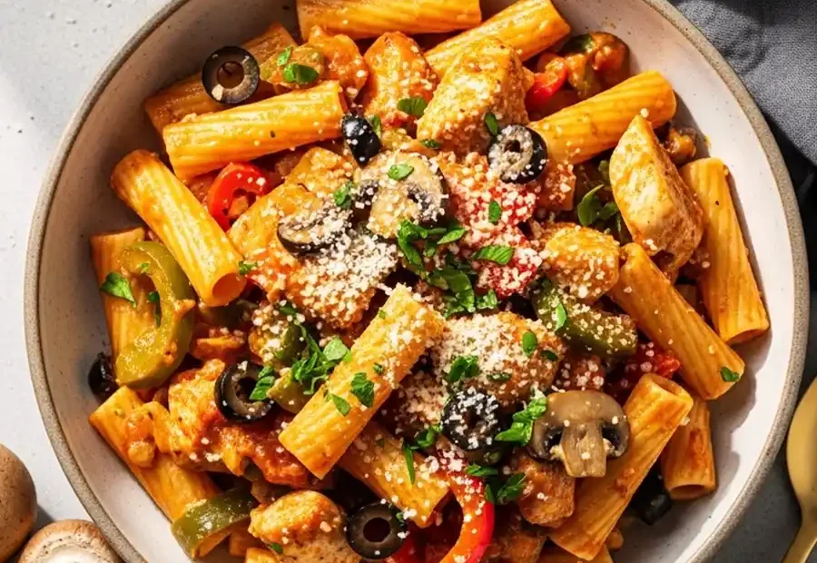 An overhead shot of a bowl of authentic Utica-style Chicken Riggies, featuring rigatoni pasta tossed with tender chicken, bell peppers, mushrooms, and black olives in a spicy pink tomato-cream sauce, finished with shaved Parmesan.