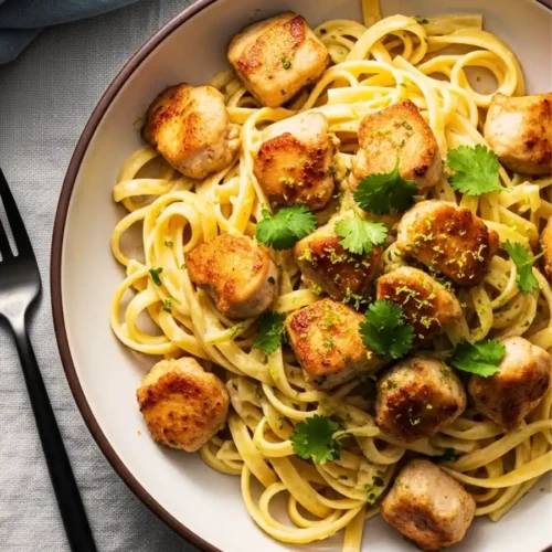 A close-up of a bowl of cilantro lime chicken pasta, featuring linguine noodles tossed in a zesty cream sauce, and topped with pan-seared chicken bites, fresh cilantro, and lime zest.