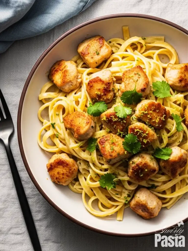 A close-up of a bowl of cilantro lime chicken pasta, featuring linguine noodles tossed in a zesty cream sauce, and topped with pan-seared chicken bites, fresh cilantro, and lime zest.