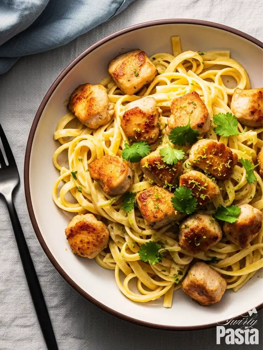 A close-up of a bowl of cilantro lime chicken pasta, featuring linguine noodles tossed in a zesty cream sauce, and topped with pan-seared chicken bites, fresh cilantro, and lime zest.