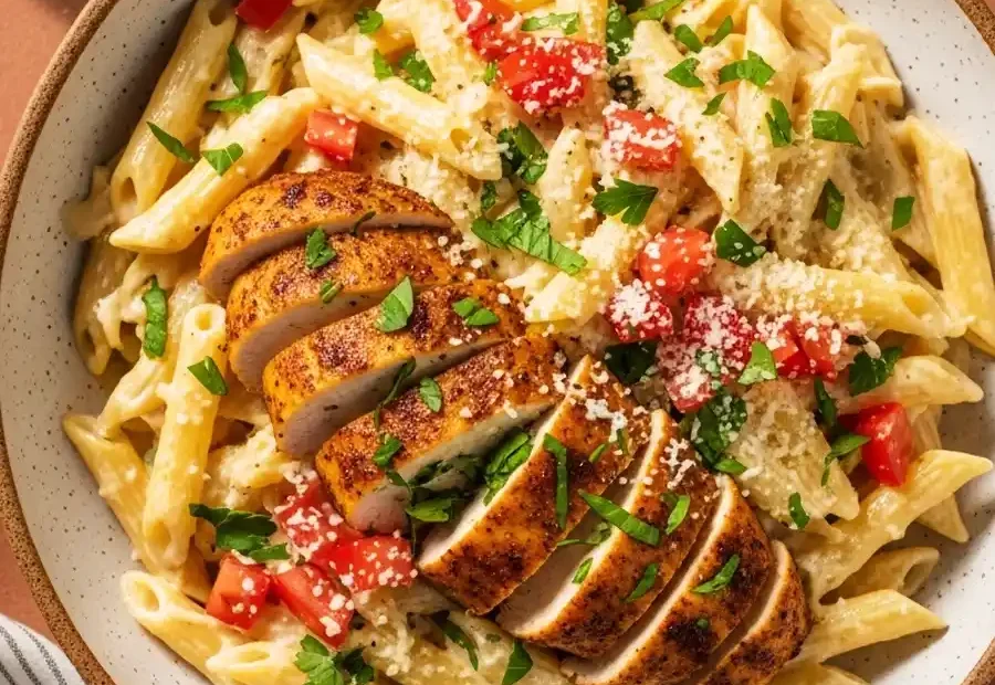 A bowl of Copycat Chili's Cajun Chicken Pasta, featuring penne tossed in a creamy Alfredo sauce, topped with a sliced Cajun-spiced chicken breast, diced tomatoes, and Parmesan cheese.