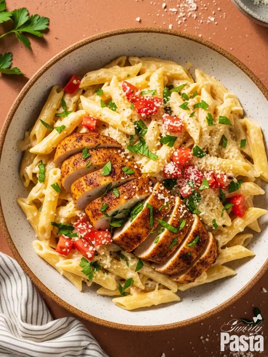 A bowl of Copycat Chili's Cajun Chicken Pasta, featuring penne tossed in a creamy Alfredo sauce, topped with a sliced Cajun-spiced chicken breast, diced tomatoes, and Parmesan cheese.