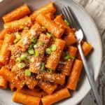 An overhead shot of a bowl of creamy Gochujang pasta, featuring rigatoni tossed in a spicy and sweet Korean chili cream sauce, garnished with sliced green onions and toasted sesame seeds.
