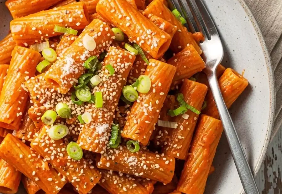 An overhead shot of a bowl of creamy Gochujang pasta, featuring rigatoni tossed in a spicy and sweet Korean chili cream sauce, garnished with sliced green onions and toasted sesame seeds.