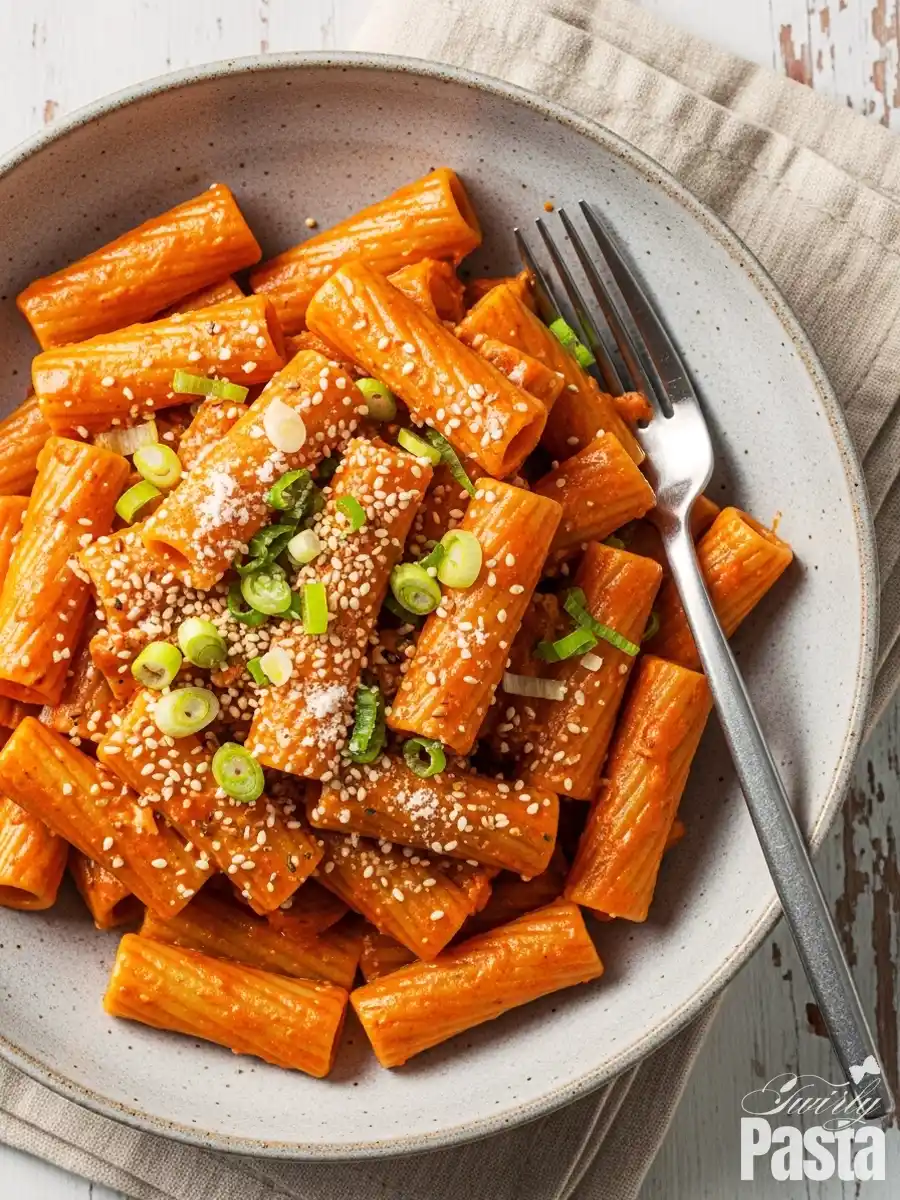 An overhead shot of a bowl of creamy Gochujang pasta, featuring rigatoni tossed in a spicy and sweet Korean chili cream sauce, garnished with sliced green onions and toasted sesame seeds.