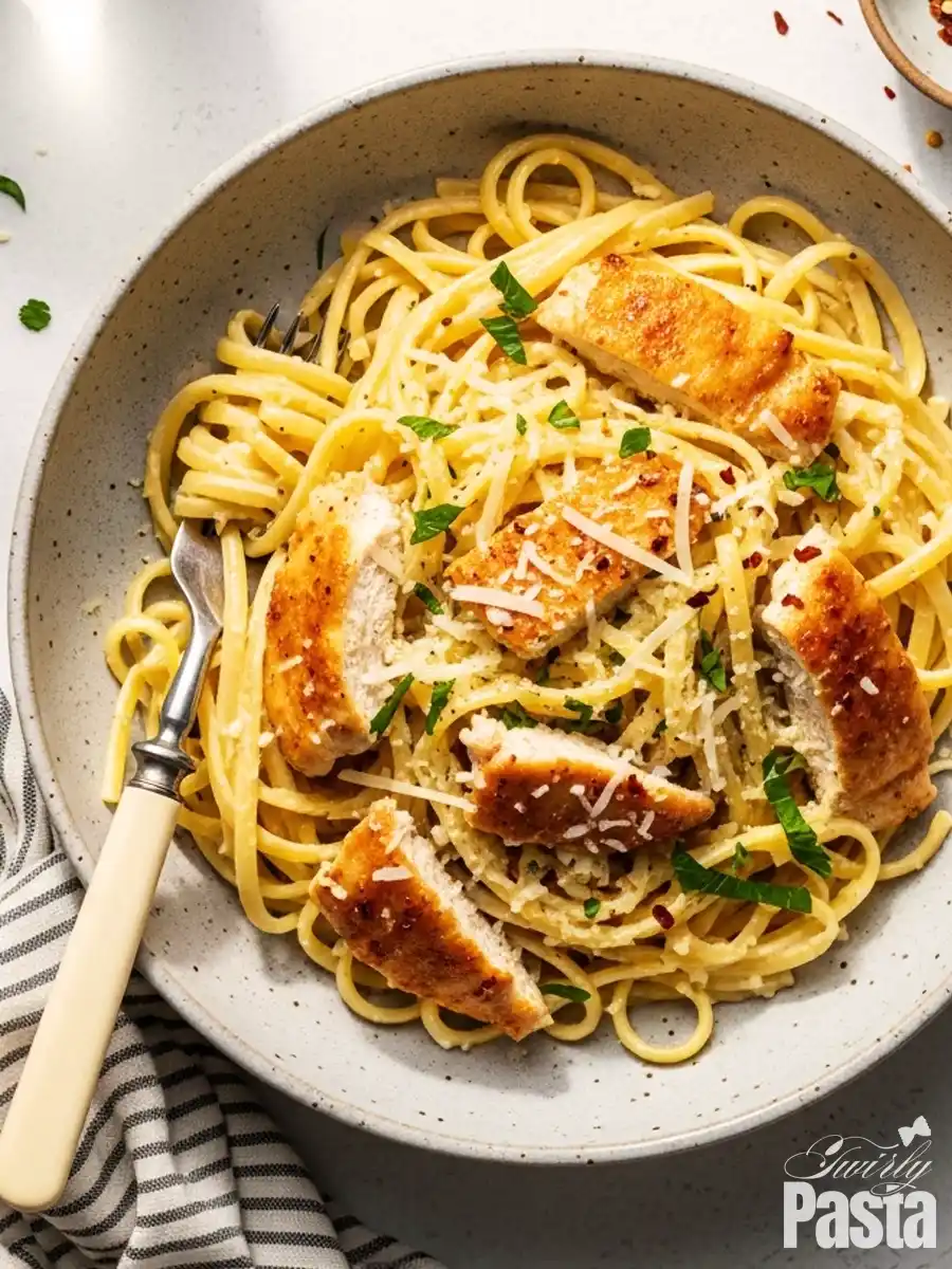 A bowl of creamy lemon chicken pasta, featuring linguine in a light lemon-parmesan cream sauce, topped with sliced golden-brown chicken, fresh parsley, and red pepper flakes.