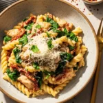 An overhead shot of a bowl of creamy sun-dried tomato chicken pasta, featuring rotini pasta tossed with seared chicken, fresh spinach, and sun-dried tomatoes in a savory garlic cream sauce, and finished with grated Parmesan.