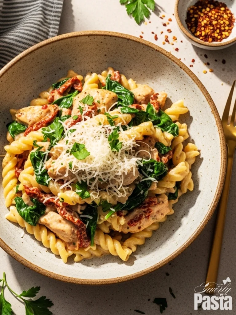 An overhead shot of a bowl of creamy sun-dried tomato chicken pasta, featuring rotini pasta tossed with seared chicken, fresh spinach, and sun-dried tomatoes in a savory garlic cream sauce, and finished with grated Parmesan.