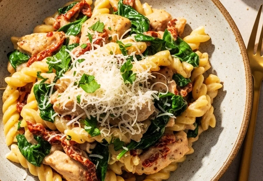 An overhead shot of a bowl of creamy sun-dried tomato chicken pasta, featuring rotini pasta tossed with seared chicken, fresh spinach, and sun-dried tomatoes in a savory garlic cream sauce, and finished with grated Parmesan.