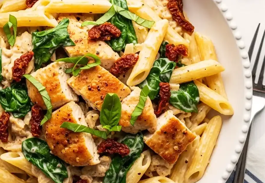A white bowl of creamy Tuscan Chicken Pasta, featuring penne tossed with pan-seared chicken, wilted spinach, and sun-dried tomatoes in a savory garlic-parmesan cream sauce, garnished with fresh basil.