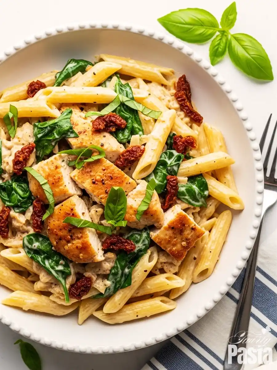 A white bowl of creamy Tuscan Chicken Pasta, featuring penne tossed with pan-seared chicken, wilted spinach, and sun-dried tomatoes in a savory garlic-parmesan cream sauce, garnished with fresh basil.
