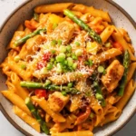 A bowl of creamy chipotle chicken pasta, featuring penne tossed with seared chicken, asparagus, and bell peppers in a smoky adobo cream sauce, topped with grated Parmesan and fresh green onions.