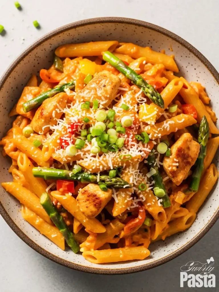 A bowl of creamy chipotle chicken pasta, featuring penne tossed with seared chicken, asparagus, and bell peppers in a smoky adobo cream sauce, topped with grated Parmesan and fresh green onions.