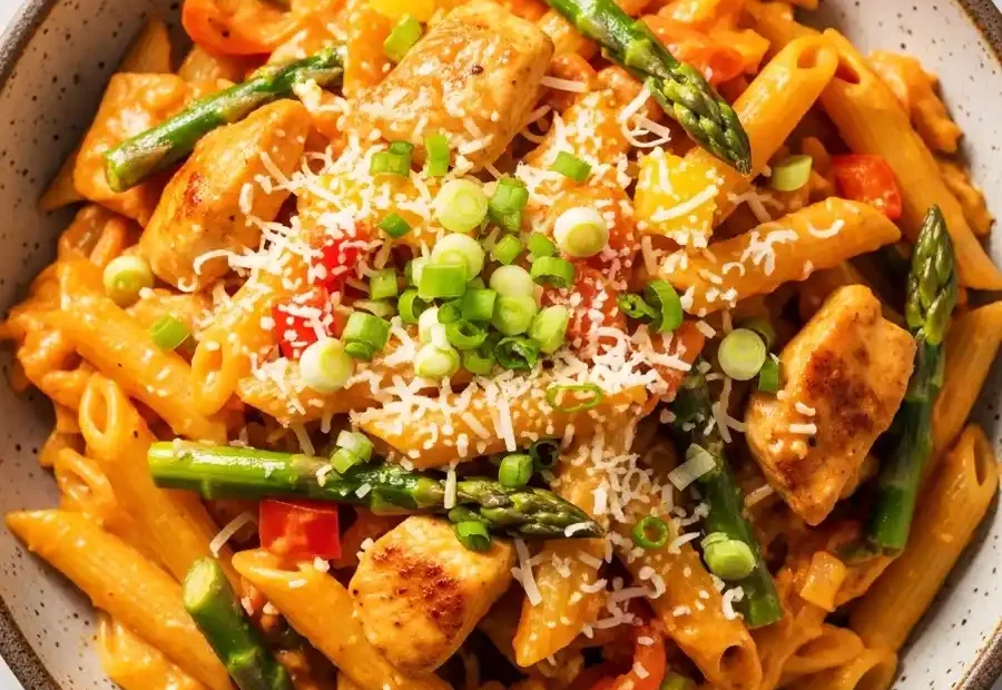 A bowl of creamy chipotle chicken pasta, featuring penne tossed with seared chicken, asparagus, and bell peppers in a smoky adobo cream sauce, topped with grated Parmesan and fresh green onions.