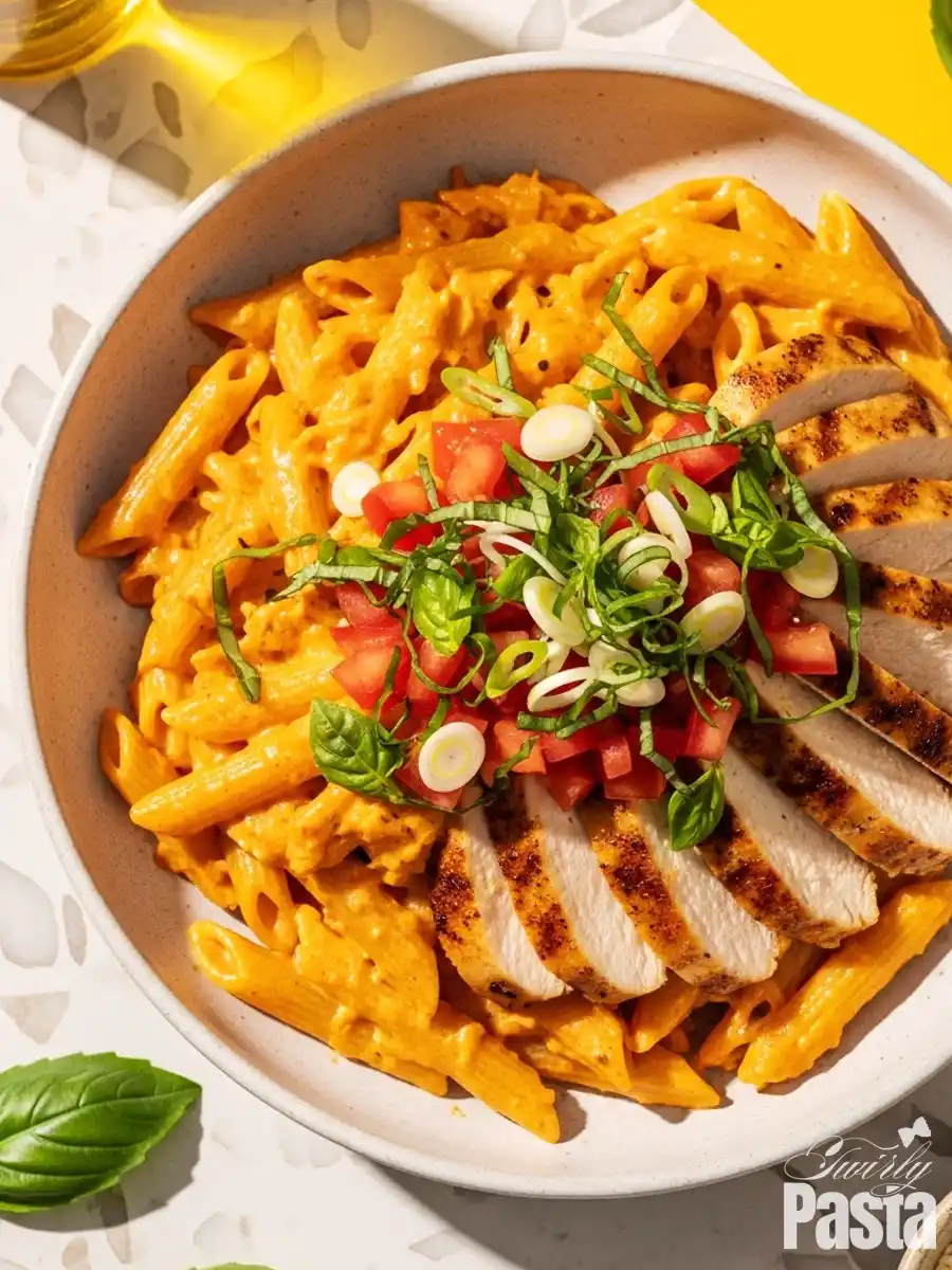 A bowl of copycat Firebirds Chicken Pasta, with penne in a spicy Asiago cream sauce, topped with sliced grilled chicken, and a fresh garnish of diced tomatoes, basil, and green onions.