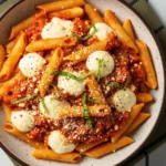 An overhead view of a bowl of Cheesecake Factory copycat Four Cheese Pasta, featuring penne tossed in a rich marinara cream sauce and topped with melted dollops of fresh mozzarella and grated Parmesan cheese.