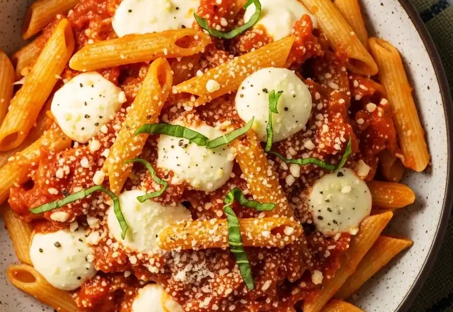 An overhead view of a bowl of Cheesecake Factory copycat Four Cheese Pasta, featuring penne tossed in a rich marinara cream sauce and topped with melted dollops of fresh mozzarella and grated Parmesan cheese.