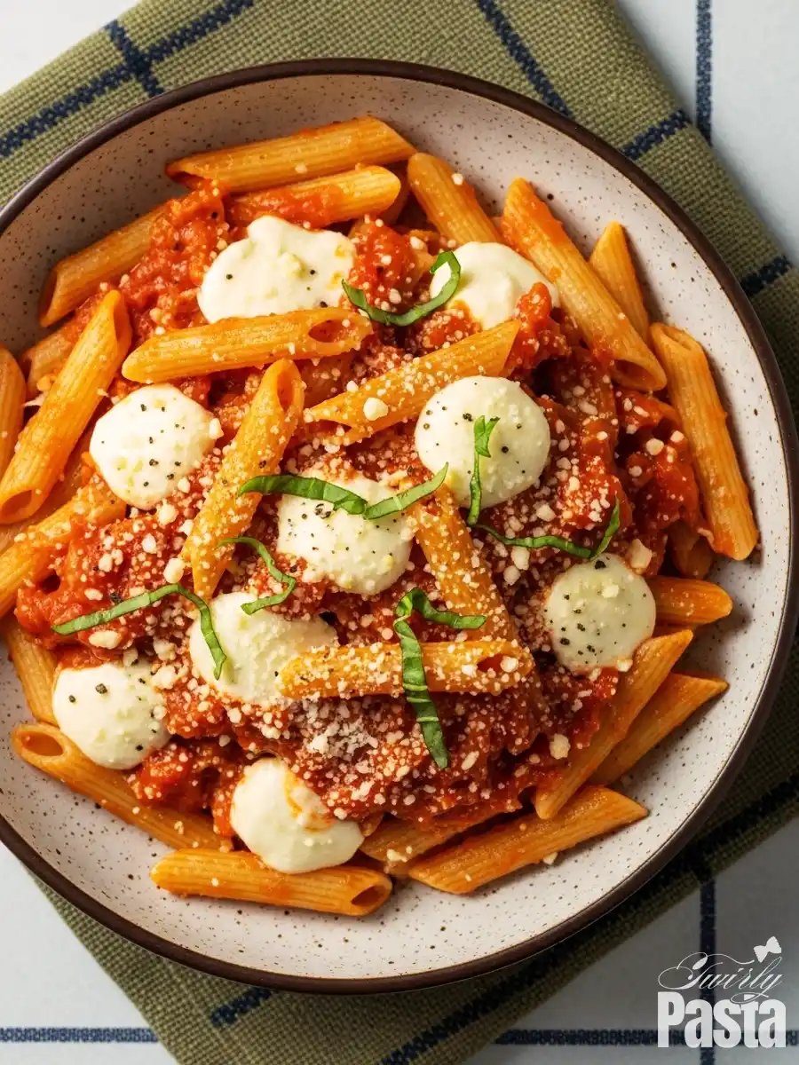 An overhead view of a bowl of Cheesecake Factory copycat Four Cheese Pasta, featuring penne tossed in a rich marinara cream sauce and topped with melted dollops of fresh mozzarella and grated Parmesan cheese.