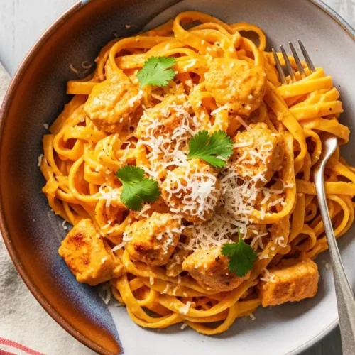 An overhead shot of a bowl of creamy habanero chicken pasta, with linguine noodles in a spicy orange cream sauce, topped with grilled chicken, grated Parmesan, and fresh cilantro.