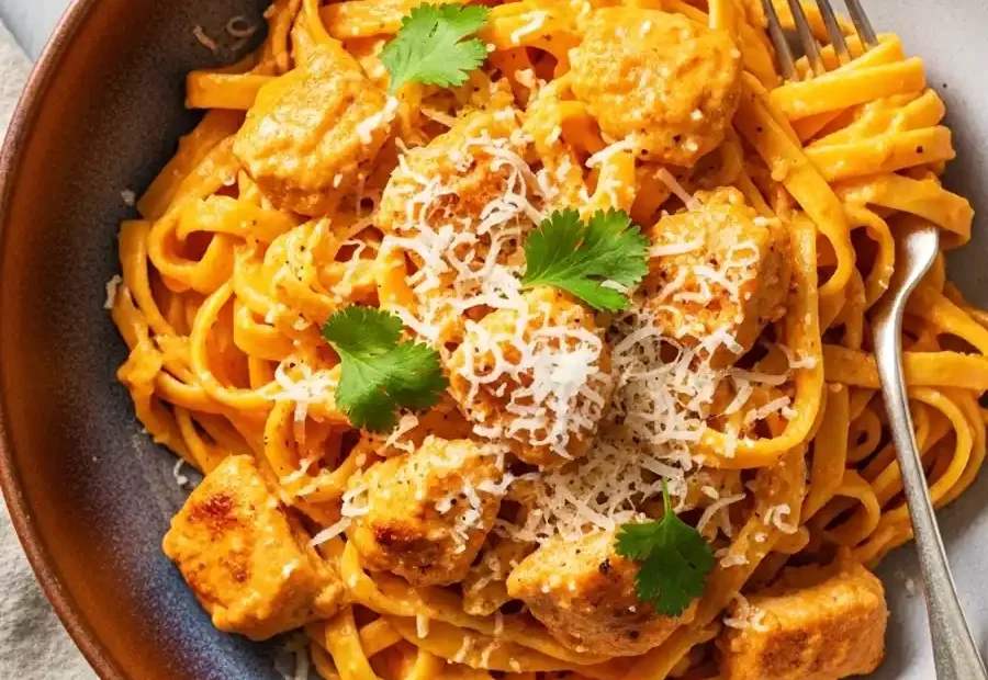 An overhead shot of a bowl of creamy habanero chicken pasta, with linguine noodles in a spicy orange cream sauce, topped with grilled chicken, grated Parmesan, and fresh cilantro.