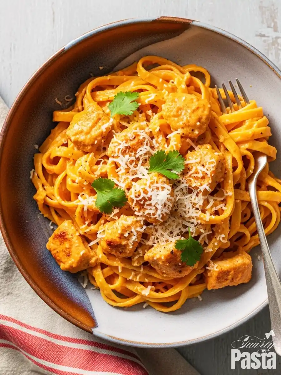 An overhead shot of a bowl of creamy habanero chicken pasta, with linguine noodles in a spicy orange cream sauce, topped with grilled chicken, grated Parmesan, and fresh cilantro.