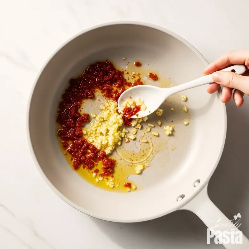 A top-down shot of minced garlic sizzling in red sun-dried tomato oil in a white ceramic skillet.