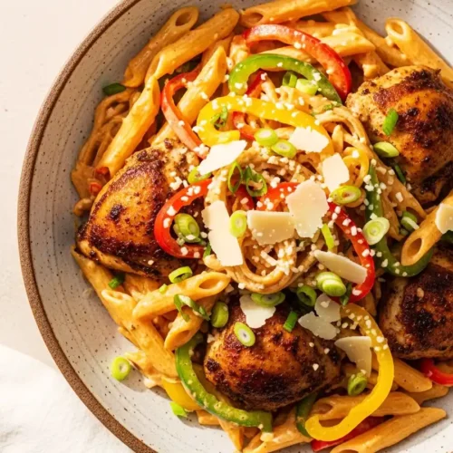 A bowl of creamy Jerk Chicken Pasta, featuring penne tossed with seared jerk chicken and sliced bell peppers in a spicy Jamaican cream sauce, topped with shaved Parmesan and sesame seeds.