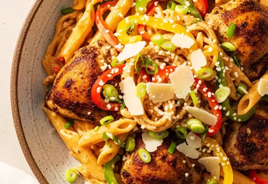 A bowl of creamy Jerk Chicken Pasta, featuring penne tossed with seared jerk chicken and sliced bell peppers in a spicy Jamaican cream sauce, topped with shaved Parmesan and sesame seeds.