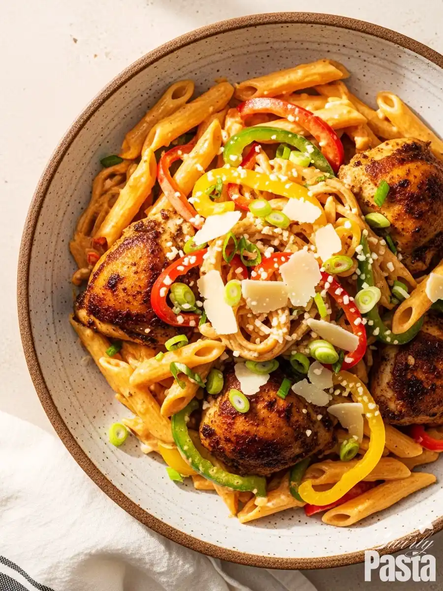 A bowl of creamy Jerk Chicken Pasta, featuring penne tossed with seared jerk chicken and sliced bell peppers in a spicy Jamaican cream sauce, topped with shaved Parmesan and sesame seeds.