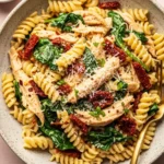 A close-up view of Marry Me Chicken Pasta, featuring rotini pasta with shredded chicken, sun-dried tomatoes, and fresh spinach in a creamy garlic-parmesan sauce, topped with red pepper flakes.