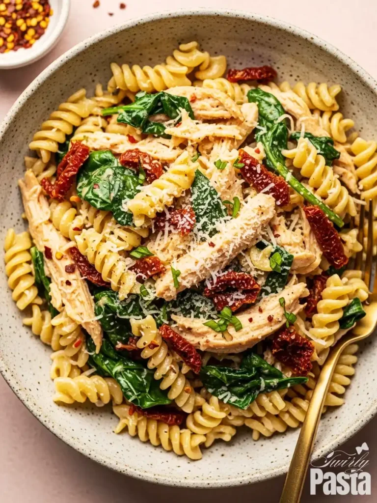A close-up view of Marry Me Chicken Pasta, featuring rotini pasta with shredded chicken, sun-dried tomatoes, and fresh spinach in a creamy garlic-parmesan sauce, topped with red pepper flakes.