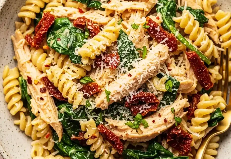 A close-up view of Marry Me Chicken Pasta, featuring rotini pasta with shredded chicken, sun-dried tomatoes, and fresh spinach in a creamy garlic-parmesan sauce, topped with red pepper flakes.