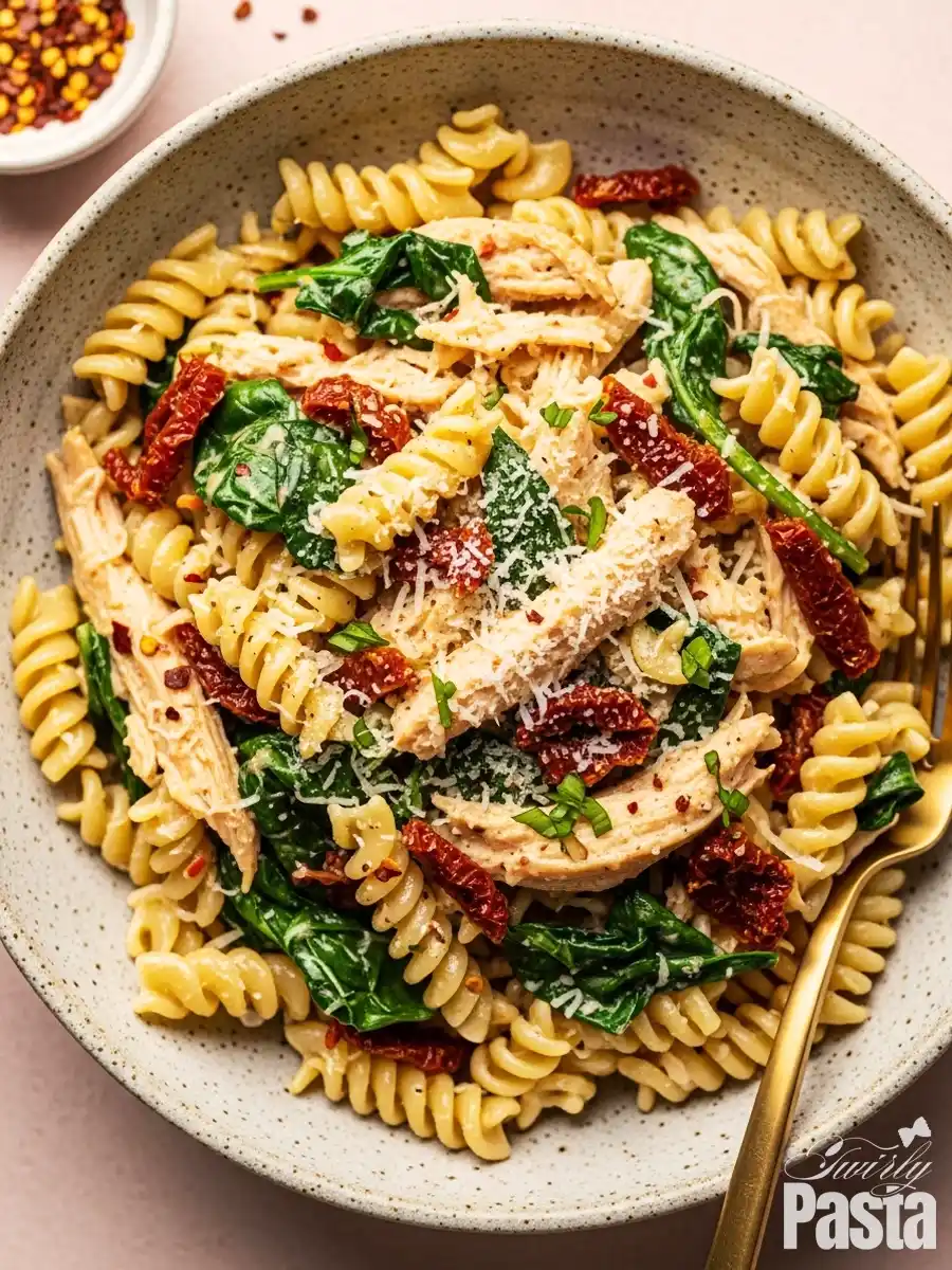 A close-up view of Marry Me Chicken Pasta, featuring rotini pasta with shredded chicken, sun-dried tomatoes, and fresh spinach in a creamy garlic-parmesan sauce, topped with red pepper flakes.