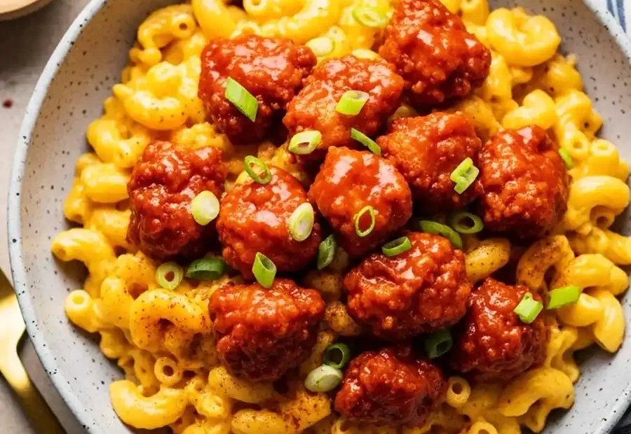 A bowl of Nashville Hot Chicken Mac and Cheese, featuring creamy elbow macaroni topped with crispy, spicy fried chicken bites tossed in a cayenne-based hot sauce and garnished with green onions.